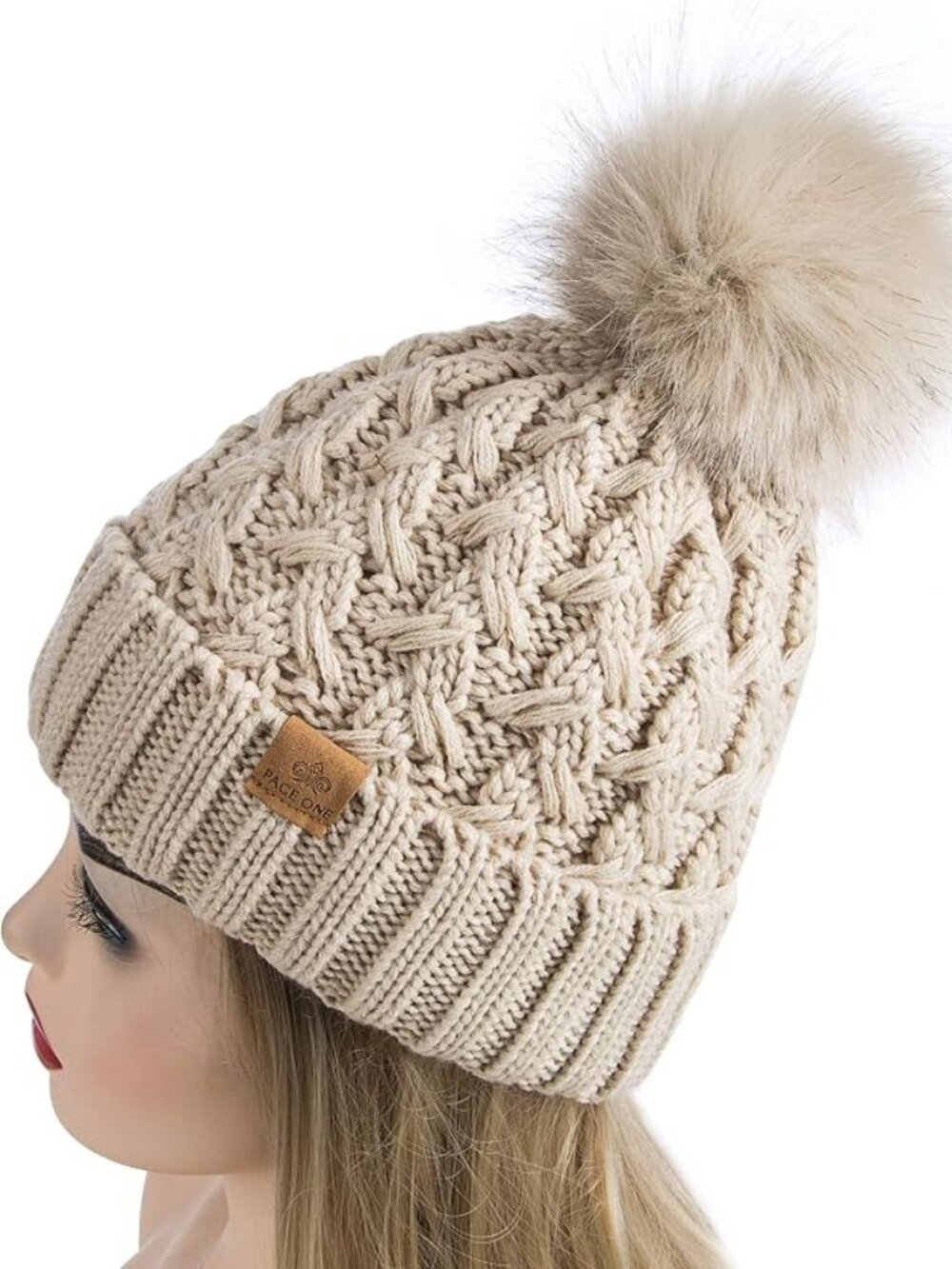 PAGE ONE Womens Winter Ribbed Beanie Crossed Cap Chunky Cable Knit Pompom Soft W